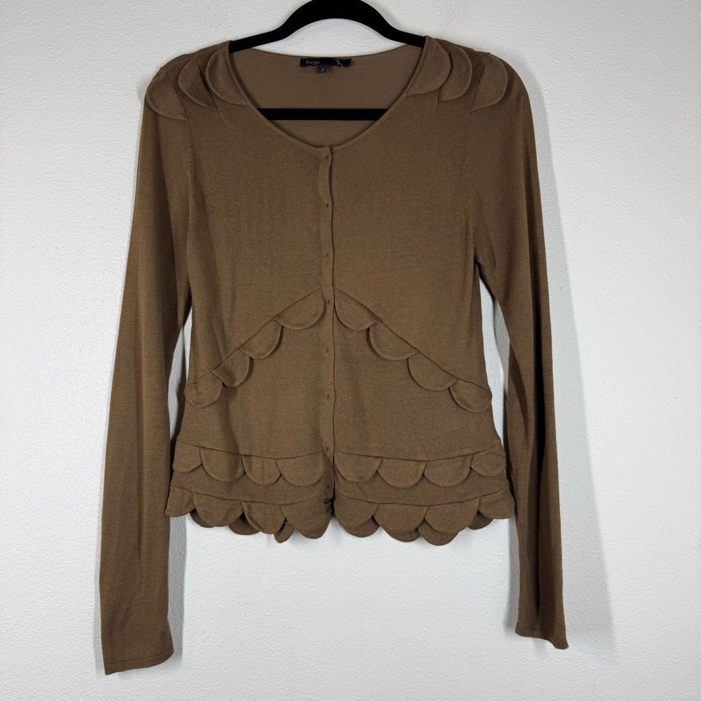 Maje Brown Scalloped Cardigan Sweater Women’s Size 2 Or Medium